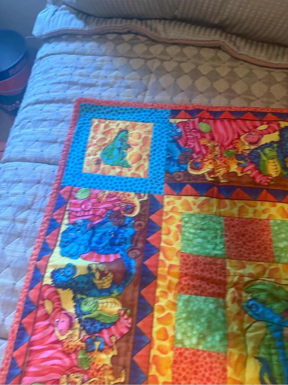 Homemade Dinosaur quilt Colorful Quilt Bright multi colors and dinosaurs